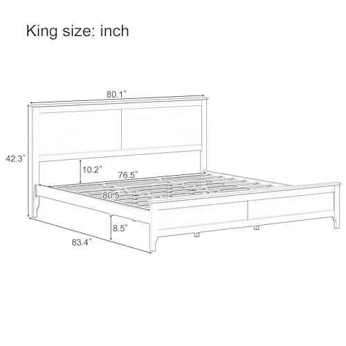 Image of Harper & Bright Designs Modern Farmhouse Platform King Bed Frame, Solid Wood Platform Bed Frame with Headboard, Sturdy Wooden Foundation with Wood Slats for Living Room, Rustic Pine - White