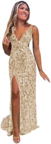 Sparkly Sequin Prom Dresses with Slit Mermaid Long Backless Forma...