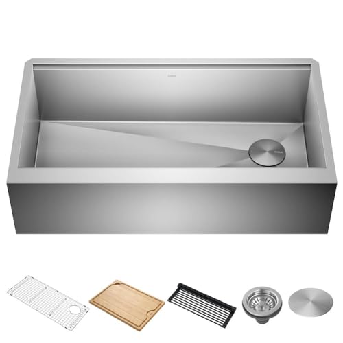 KRAUS Kore 36-Inch Modern Farmhouse Workstation 16 Gauge Single Bowl Stainless Steel Kitchen Sink with Accessories, KWF410-36
