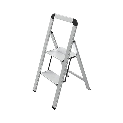 Mephisto Leiter Trittleiter Klappleiter Stufenleiter Haushaltsleiter flach aus Aluminium inkl. Anti Rutsch Trittflächen mit 2 Stufen mit Griff bis 150 kg Tragkraft