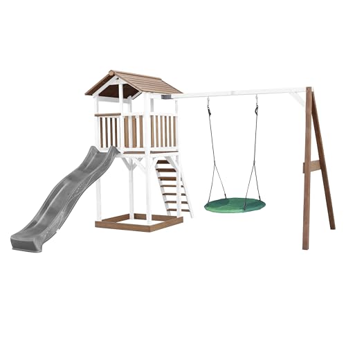 AXI Beach Tower Spielturm aus Holz in Braun & Weiß | Spielhaus für Kinder mit Grauer Rutsche, Nestschaukel und Sandkasten | Stelzenhaus für den Garten