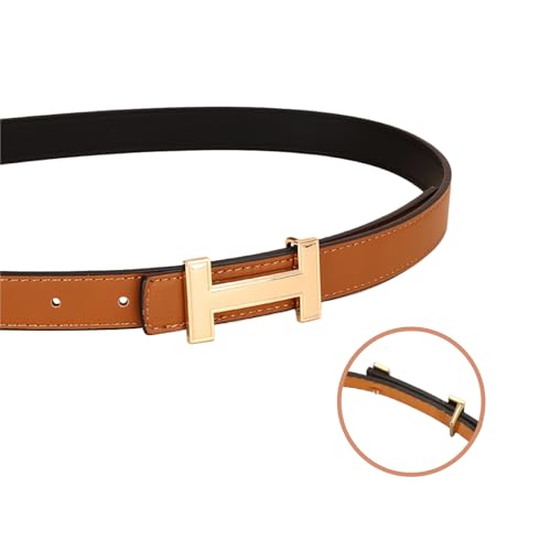 Women's Fashion Belt with Gold Buckle， PU Leather Dress Belt for Jeans & Pants (Brown, 110cm)4