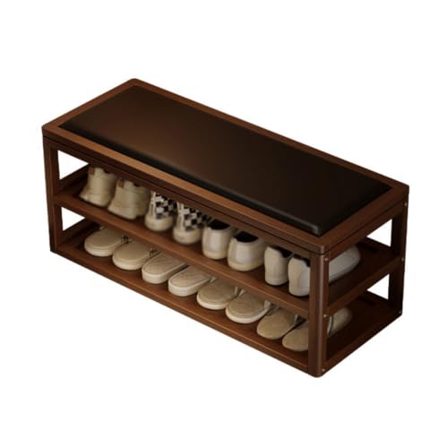 Banc chaussures entrée marron 80x30x42cm avec coussin et étagère ouverte - 2