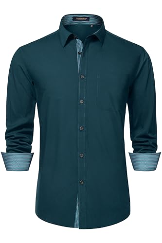 Image of HISDERN Mens Business Dress Shirts Long Sleeve Casual Button Down Shirt Formal Inner Collar Contrast Shirt for Men Wedding