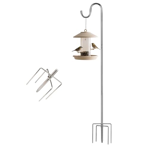 Harrms Schäferhaken Silber 195cm, 5-Zinken Vogelfutterspender Ständer, Höhenverstellbar & Wetterfest Metallhaken für Vogelfutterstationen, Laternen, Windspiele, Pflanzenampeln, Hochzeitsdeko
