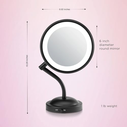 Conair LED Lighted Makeup Mirror, Double-Sided Vanity Mirror with Stand, 360° Adjustable, Matte Black