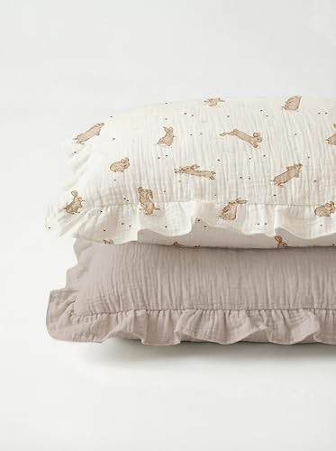 Image of Toddler Pillowcases for 13 inchx18 inch Pillow 2 Pack, Muslin Small Toddler Baby Kids Travel Pillow Covers for Boys Girls with Envelope Closure (Hopping Bunnies & Beige-Ruffled, 13 x 18 Inch)