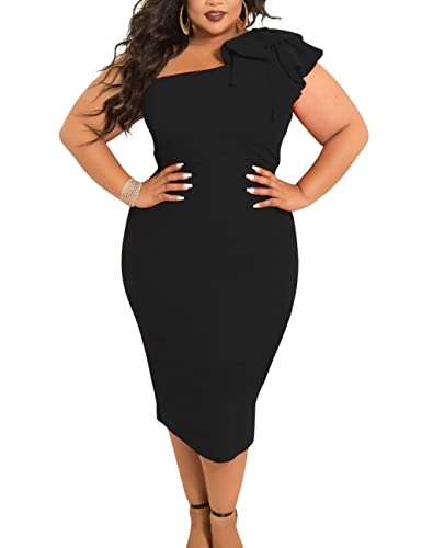 Mokoru Women's Sexy Ruffle One Shoulder Bodycon Elegant Cocktail Party Midi Dresses4