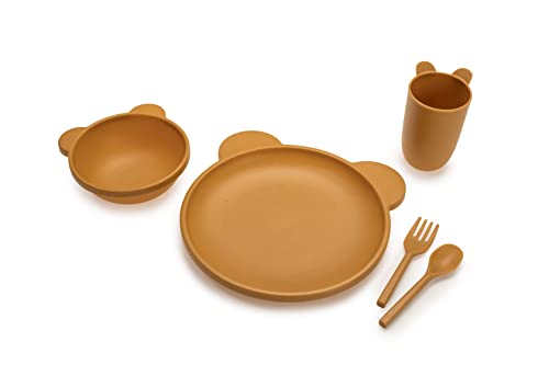 5 Piece Cellulose Feeding Meal Set, Plate, Bowl, Cup, Spoon & Fork – Eco-Friendly, Dishwasher & Microwave Safe (Bear)