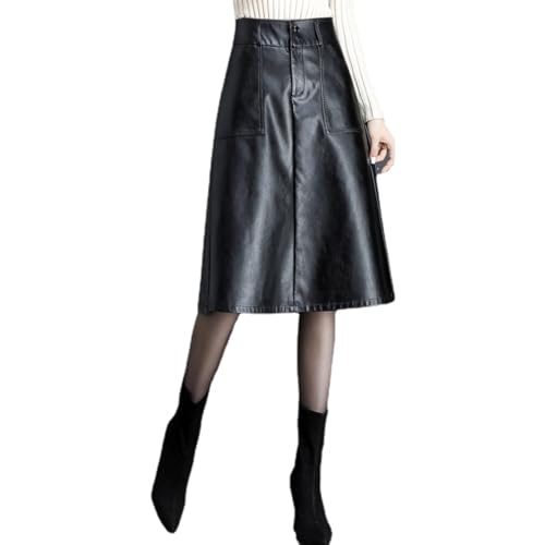 HESYSUAN Lederrock für Damen, hohe Taille, mittellang, A-Linie, Übergröße, 4XL, schlichtes PU-Leder, großer Swingrock, Partykleid (Schwarz, M)