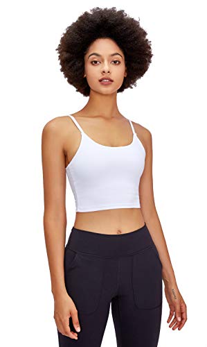 Lavento Women's Longline Sports Bra Yoga Cami Tank Top with Built in Bra (Medium,White)