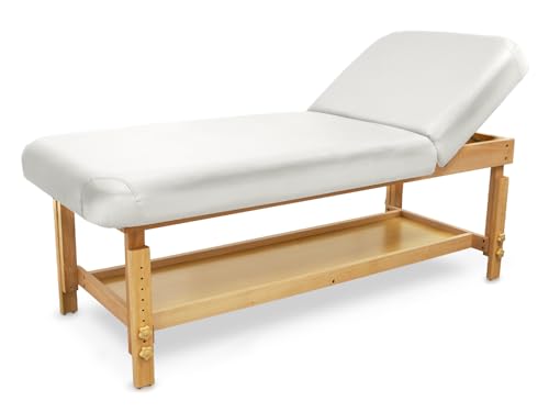 Quirumed Lettino da massaggio, legno, SPA, con schienale, colore bianco, similpelle, imbottitura ad alta densità, regolabile in altezza