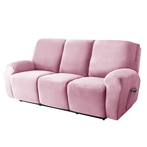 CONRUSER Stretch Recliner Covers, 8 Pieces Recliner Slipcovers Soft Velvet Couch Cover for 3 Seats Non-Slip Furniture Protector with Pocket (Pink)