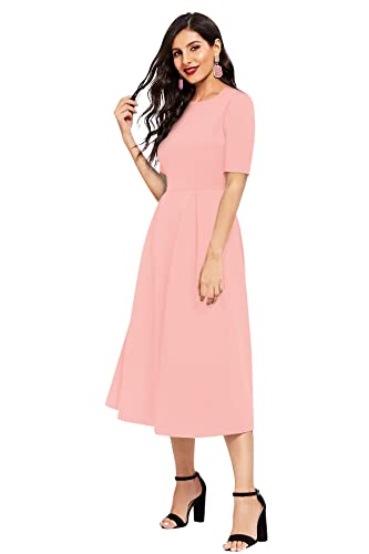 Image of LONDON BELLY Women's Poly Cotton Midi Dress with Round Neck 3 /4 Sleeves Solid Pattern Regular Fit and Calf Length | Women Midi Dress | Casual Party Summer for Womans