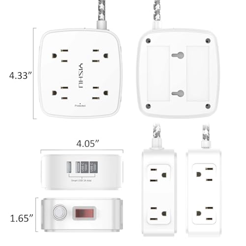 Image of Surge Protector Power Strip - YISHU 8 Outlets with 4 USB (2 USB C) Charging Ports, 6Ft Braided Extension Cord, Flat Plug Multi Plug Outlet Extender Charging Station for Home Office, ETL, White
