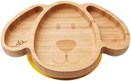BABI® Baby Toddler Large Dog Plate, Natural Bamboo, with Stay Put Silicone Suction Ring (Blue)