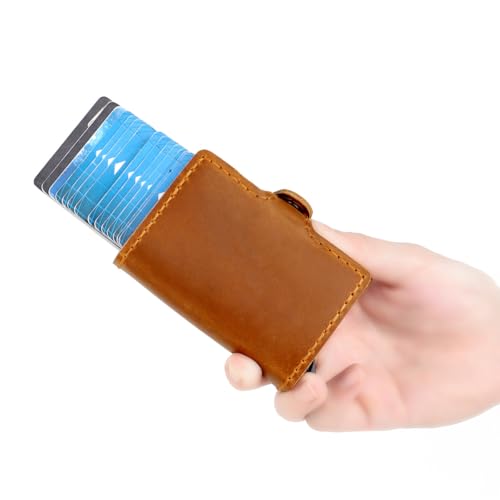 Genuine Leather Wallet for Men Crazy Horse Leather Automatic Card Ejection Double Aluminum Box Design (Brown)2