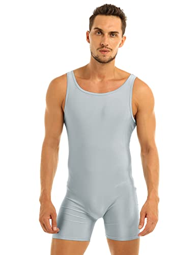Daenrui Mens One Piece Wrestling Singlet Sports Bodysuit Stretchy Gymnastic Leotard Tank Jumpsuit Unitard Silver-gray Medium