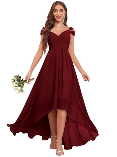PAVERJER Off The Shoulder Bridesmaid Dresses High Low Pleated Chiffon Formal Gowns for Women