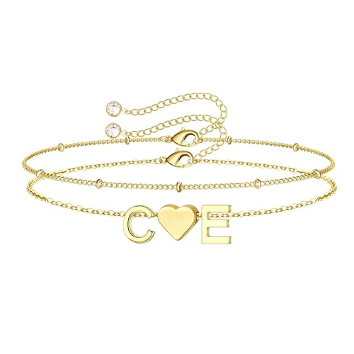 Turandoss 2 Initial Bracelets for Women – Dainty Heart Double Letter CE Design, 14K-Gold-Plated Layered Jewelry, Elegant Bracelets for Women, Birthday Gifts