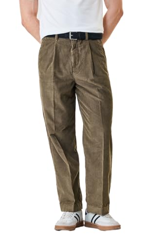 SNITCH Men Casual Trousers | Baggy Fit High Rise Pleated Front Wide-Leg Design | Premium 100% Cotton Corduroy Weave & Textured Finish for Summer Outings | Brown