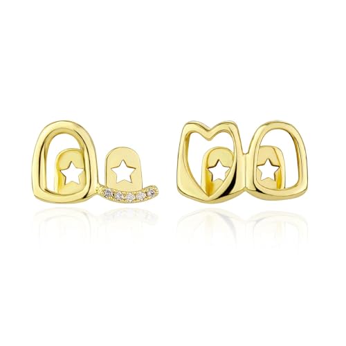 Single Tooth Quad Star Grills - 24K Gold Plated Ultra-Shiny Zirconia Tooth Caps Hip Hop Rapper Party Teeth Accessories for Men & Women,003