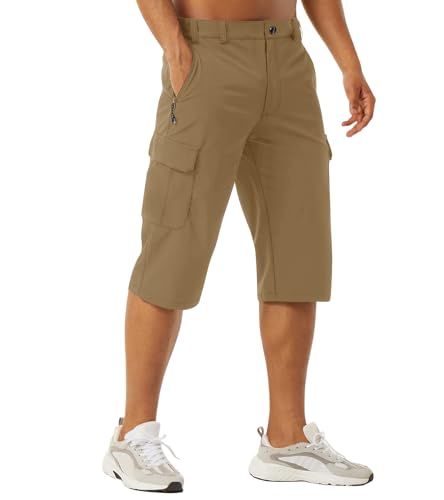 EKLENTSON Mens Cargo Shorts 3 4 Length Quick Dry Stretch Hiking Outdoor Walking Cycling Shorts with Zip Pockets Khaki,38