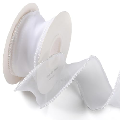 CABODYALS 4.57M 40mm White Faux Pearl Edged Ribbon Organza Sheer Fishtail Yarn Trim Mesh Shimmer Transparent Ribbons Rolls with Spool for Diy Crafts Corsage Wedding Invition Cake Decoration