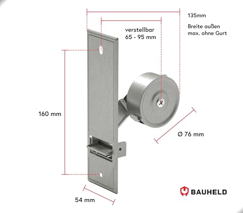 BAUHELD® Rolladen-Gurtwickler Unterputz [Made in Germany] - Maxi Einlass-Gurtwickler aus Stahl - Für Rolladengurt 23mm [ohne Gurt] - Rollladen Aufwickler inkl. Abdeckung Weiß - Lochabstand 160mm