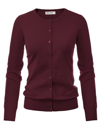 GRACE KARIN Womens Long Sleeve Knit Cardigan Sweaters Casual Dressy Open Front Button Down Cardigans Spring Outfits L Wine Red — view 5