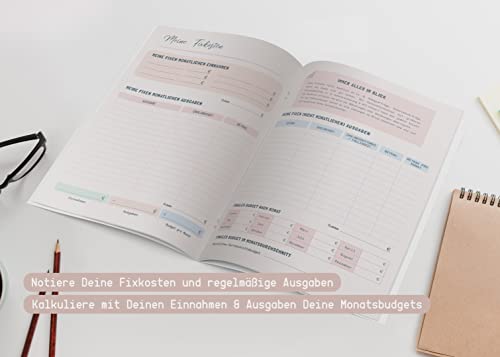 Finanzplaner DIN A4 – Tracke monatliche Einnahmen, Ausgaben & Budget – Geld Planer in Deutsch mit 36 Seiten – Planner zum Sparen und Kontrolle deine monatlichen Fixkosten – Bunt