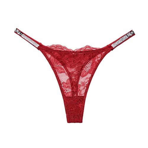 YUEZHAN Unterhosen ​Höschen Glänzende Strass Spitze Schlanke T-Hose Ultra Dünne Sexy Damen Tanga S Rot