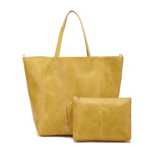 Image of Women Oversize Vegan Leather Tote PU Purses and Handbags Casual Shopper Handbag Travel Purse (Yellow,L 22.8 in x W 8.3 in x H 16.1 in)