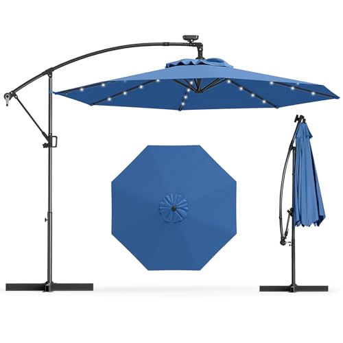 GOPLUS Sonnenschirm 300cm, Ampelschirm mit 32 Solar-LED-Lichtern, Gartenschirm höhenverstellbar & drehbar, Terrassenschirm mit Kurbel & Kreuzfuß, UV-Schutz, Marktschirm für Terrasse & Strand (Blau)