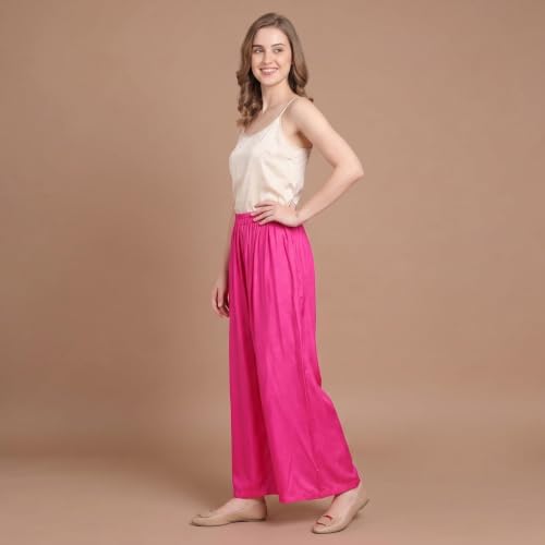 Image of FASHION GALLERY Women's Solid Rayon Palazzo Pants | Relaxed Fit Full Length Wide Leg Palazzo | Elastic Waist Comfortable Casual Lounge Office Ethnic Flared Trousers for Women