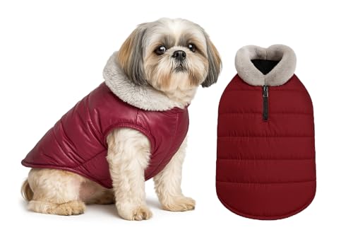 Image of The Pets Company Dog Winter Coat Jacket, Clothes, Windproof, Waterproof, Light Weight, Washable, Ultra Warm Thick Fleece Lined Dog Vest for Cold Weather Protection, (Maroon, Small - 14 Inch)