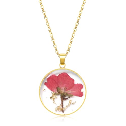 KBFORU Birth Flower Necklaces For Women - Rose June Month Necklace - Handmade Pressed Flower...