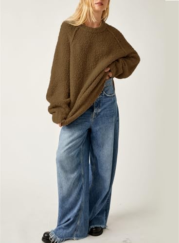 Image of Beaully Women's Oversized Crewneck Sweaters | Oversized style, Tunic sweater, Fuzzy knit, Soft knit, Loose fit, Drop shoulder