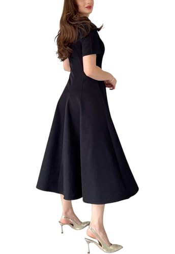 RomMoon Women's Summer Round Neck Midi Dress Short Sleeve Fit and Flare Elegant A-Line Business Swing Dresses Black — view 2