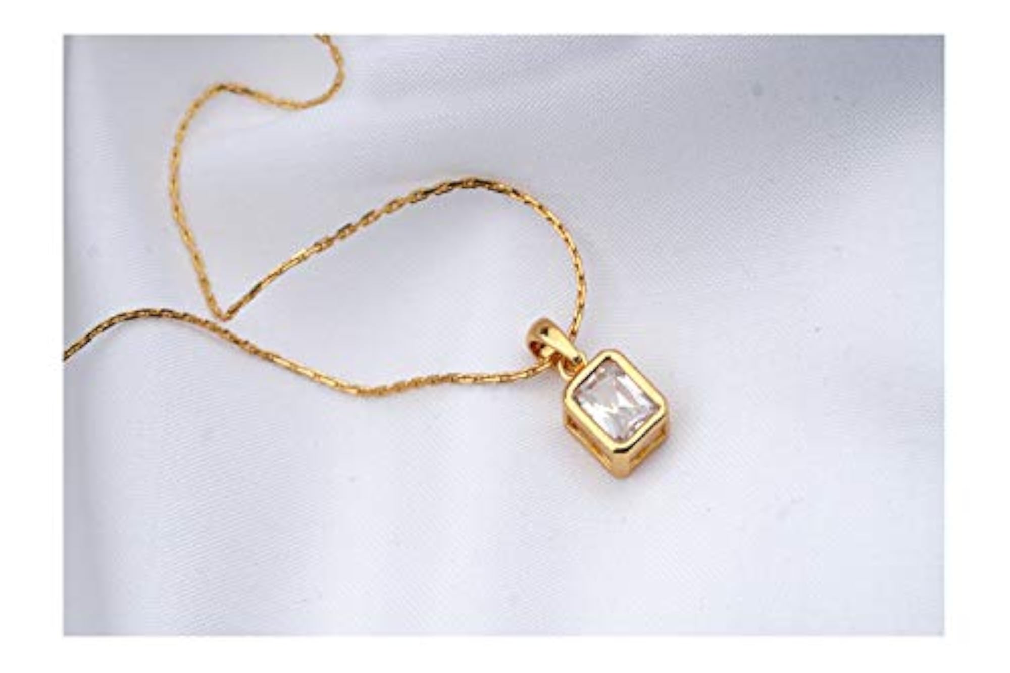 Gold Plated Cubic Zircon Rectangular Solitaire Pendant with Chain