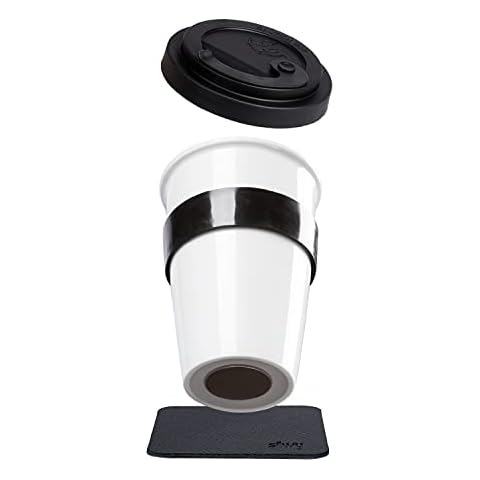 silwy® Porcelain To-Go-Cup with Black Heat Protection Banderole, Metallic Nano Gel Coaster, Black, Non-Slip Magnetic Cups for Camping, Caravaning or Boating Cover