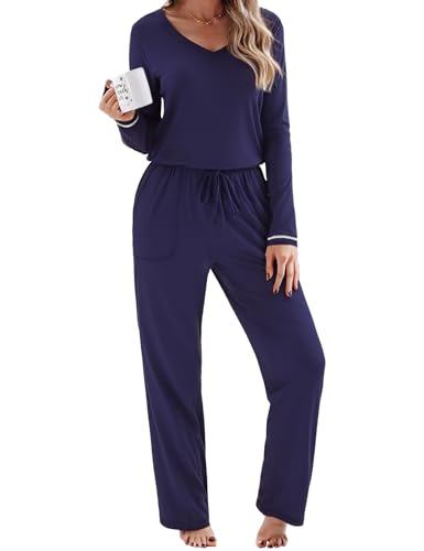 Litherday Pigiama Donna Cotone Invernale 2 Pezzi - Set da Notte Morbido con Collo a V, Pantaloni con Tasche - Pigiama Leggero e Comodo per Casa Blu Scuro L