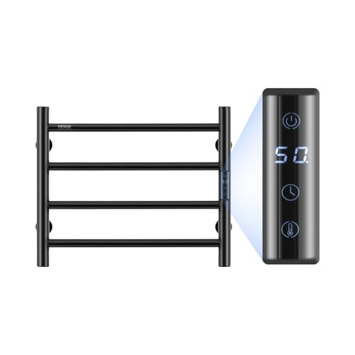 VEVOR Radiateur Sèche-Serviettes Électrique 4 Barres, Porte-Serviettes Chauffant Mural, Chauffe-Serviettes à Température Réglable, Étanche IPX5, avec Minuterie et Écran LED, Salle de Bain, Noir