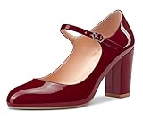 Castamere Women Mid Chunky Block Heel Round Toe Pumps Mary Jane Ankle Strap Office Party Dress Shoes 3.3 Inches Heels, Burgundy Wine Red, 11.5