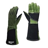 AOUCHI Grillhandschuhe und Schweißhandschuhe aus Rindsleder, langärmelig, feuerfeste und hitzebeständige Kaminhandschuhe für Grill, Schweißen Tig Mig, Kamin, Ofen, Backen, Herd (Green, Large)