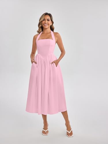 Image of Parthea Women's Floral Halter Corset Midi Dress 2026 Elegant Smocked Flowy Wedding Guest Dresses with Pockets