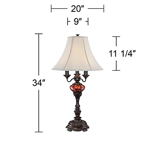Barnes and Ivy Rhys Traditional Style Table Lamp 34" Tall English Bronze Brown Tortoise Shell Glass Off White Bell Shade Decor for Living Room Bedroom House Bedside Home Office Entryway