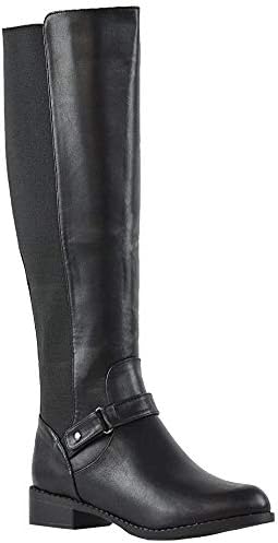 ESSEX GLAM Womens Knee High Boots Black Synthetic Leather Flat Low Heel Zip Buckle Calf Boots 7 B(M) US