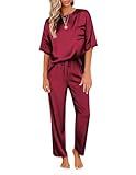 Picture of Ekouaer Womens Silk Satin Pajamas Set Two Piece Pj Sets Sleepwear Loungewear Short Sleeve Pj Sets Wine Red