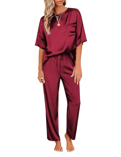 Image of Ekouaer Womens Satin Silky Pajama Set Short Sleeve Shirt with Long Pajama Pant Set Soft PJ Loungewear